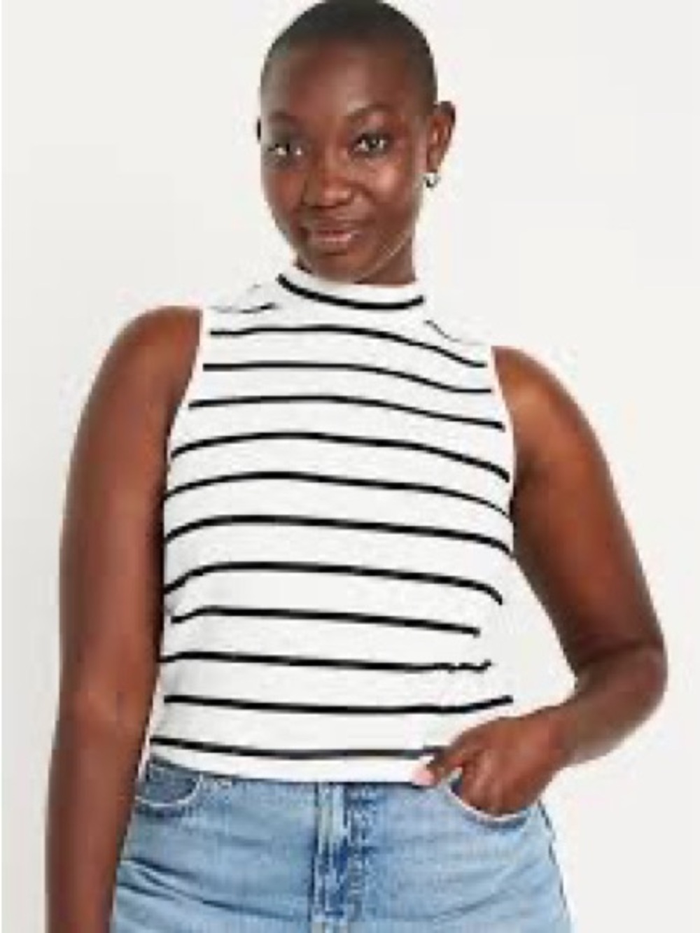 Old Navy White & Black Striped Mock Neck Tank